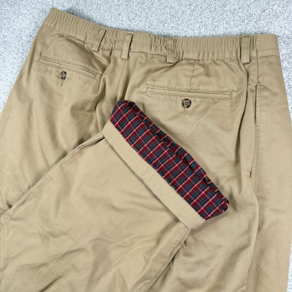 LL Bean Chinos Mens 42x29 Khaki Flannel Lined Double L Comfort Waist Pleated